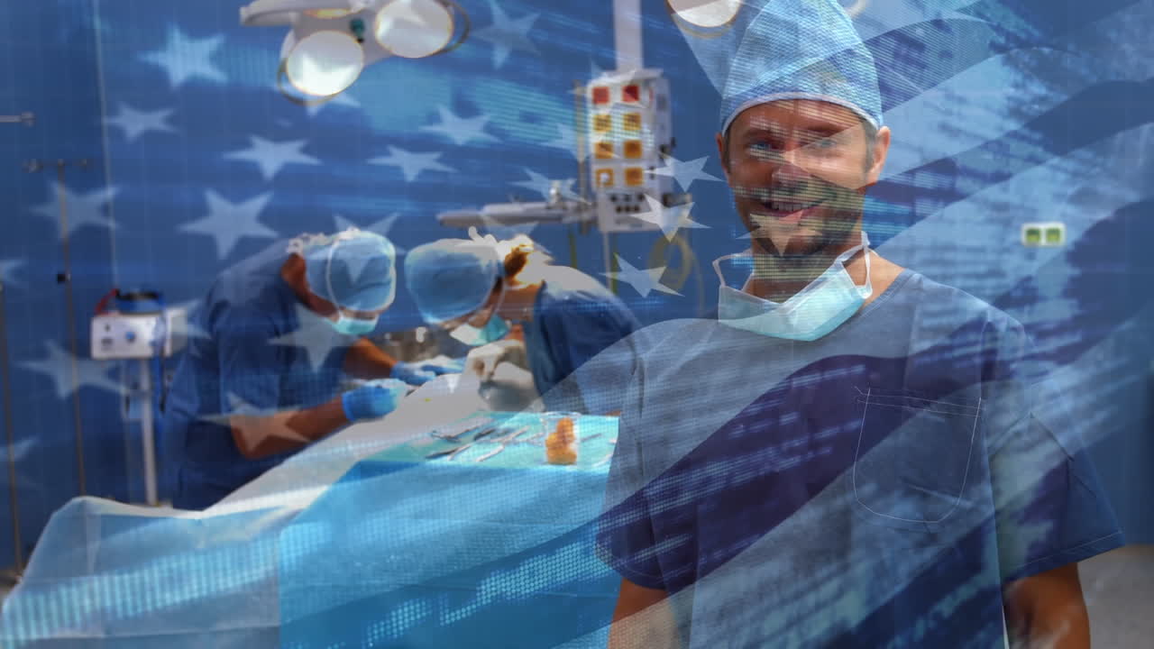 수술실 에서 외과 의사 들 위 에 흔들리는 미국 국기 의 애니메이션