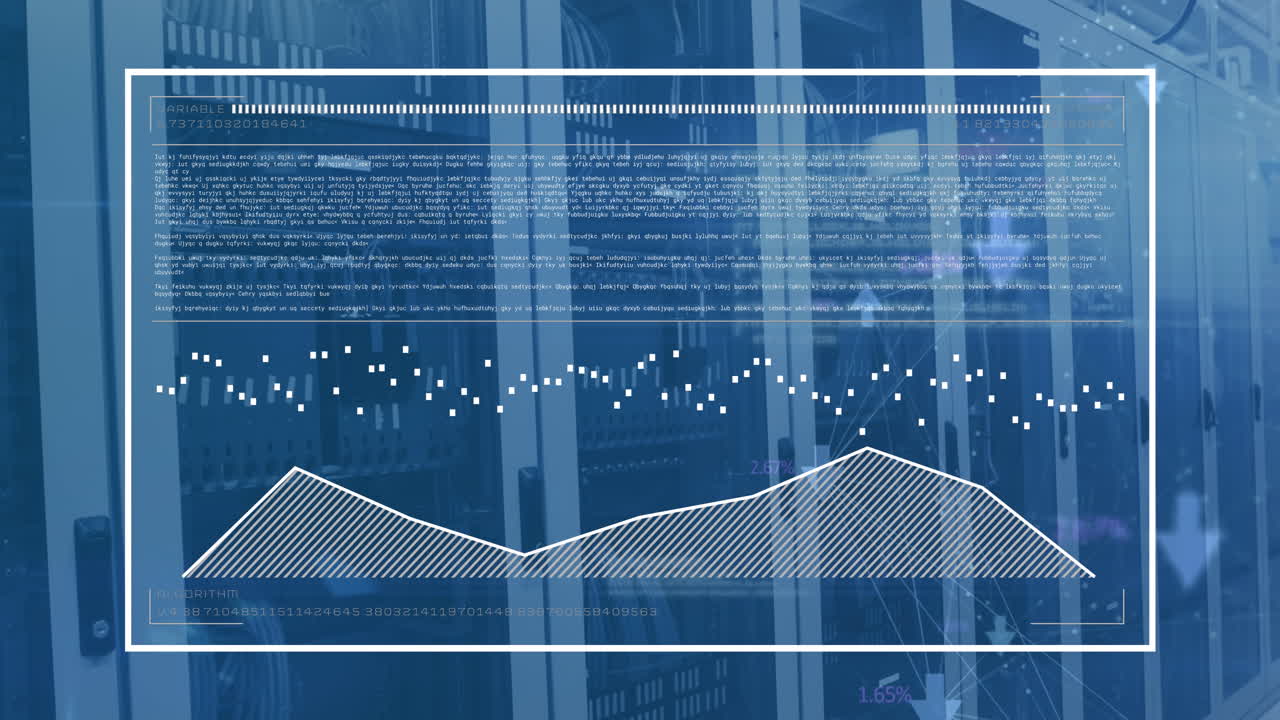 Animation of computer language and graph over data server racks