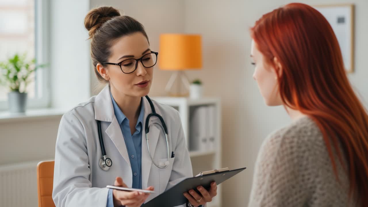 A Healthcare Professional Engages in a Focused Consultation with a Patient, Discussing Important Health Information in a Brightly Lit Office Setting
