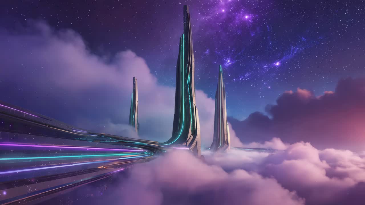 Futuristic City in the Clouds at Night