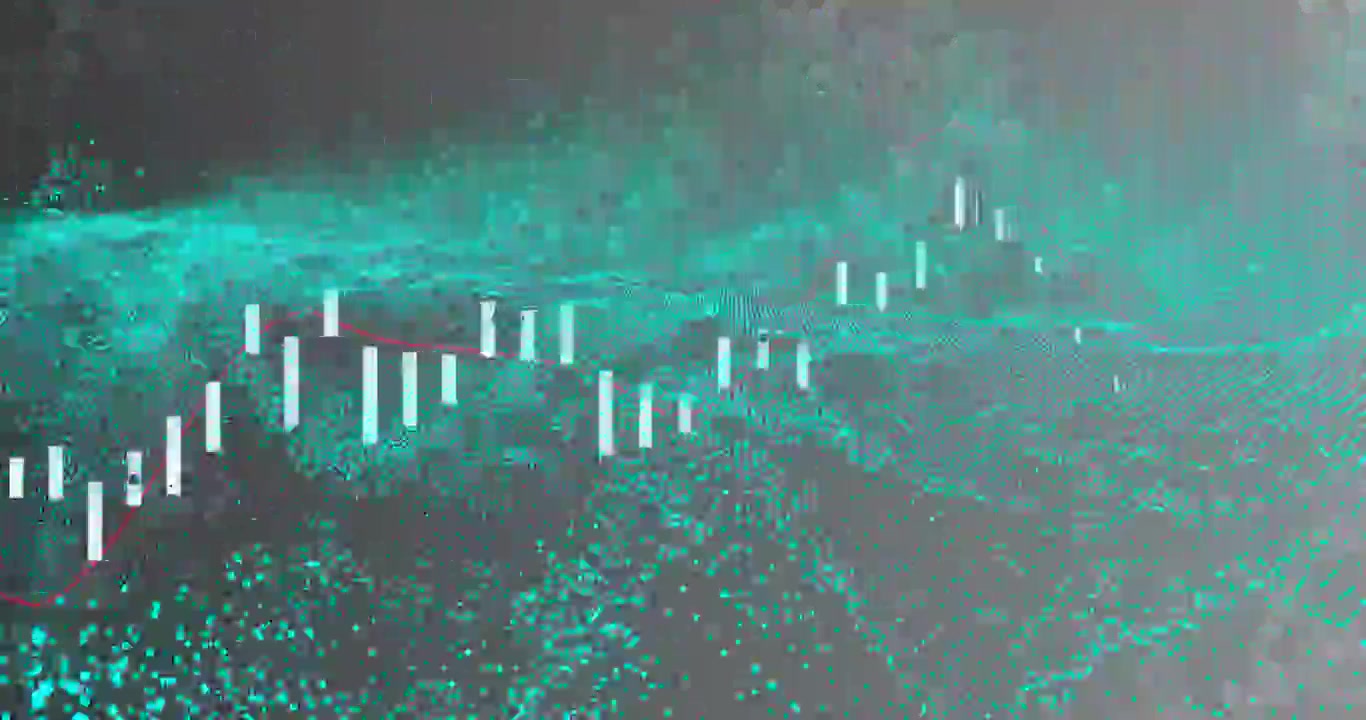 Turquoise dots emerging, wave moving, bars rising, red line tracing data and bubble pulsing