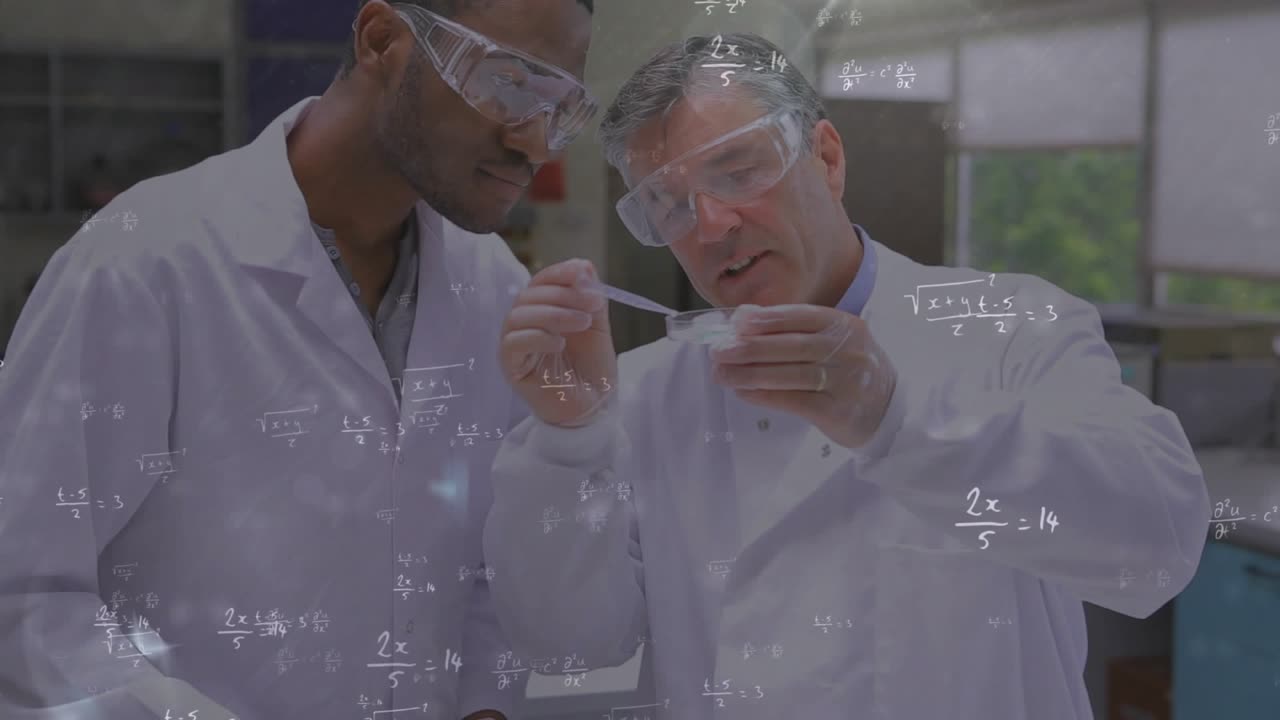 Senior scientist picking up pipette, mixing sample on bench, mentoring researcher, formulas overlay