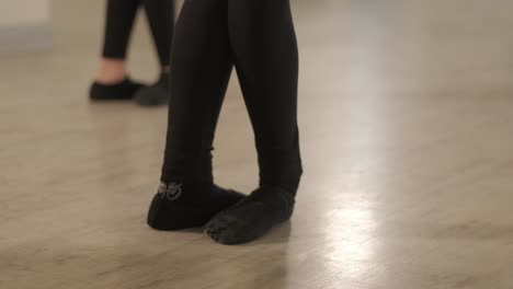 a group of young ballet students in black dancewear practicing positions in a spacious ballet studio with wooden flooring and wall-mounted barres. focused expressions and synchronized movements.