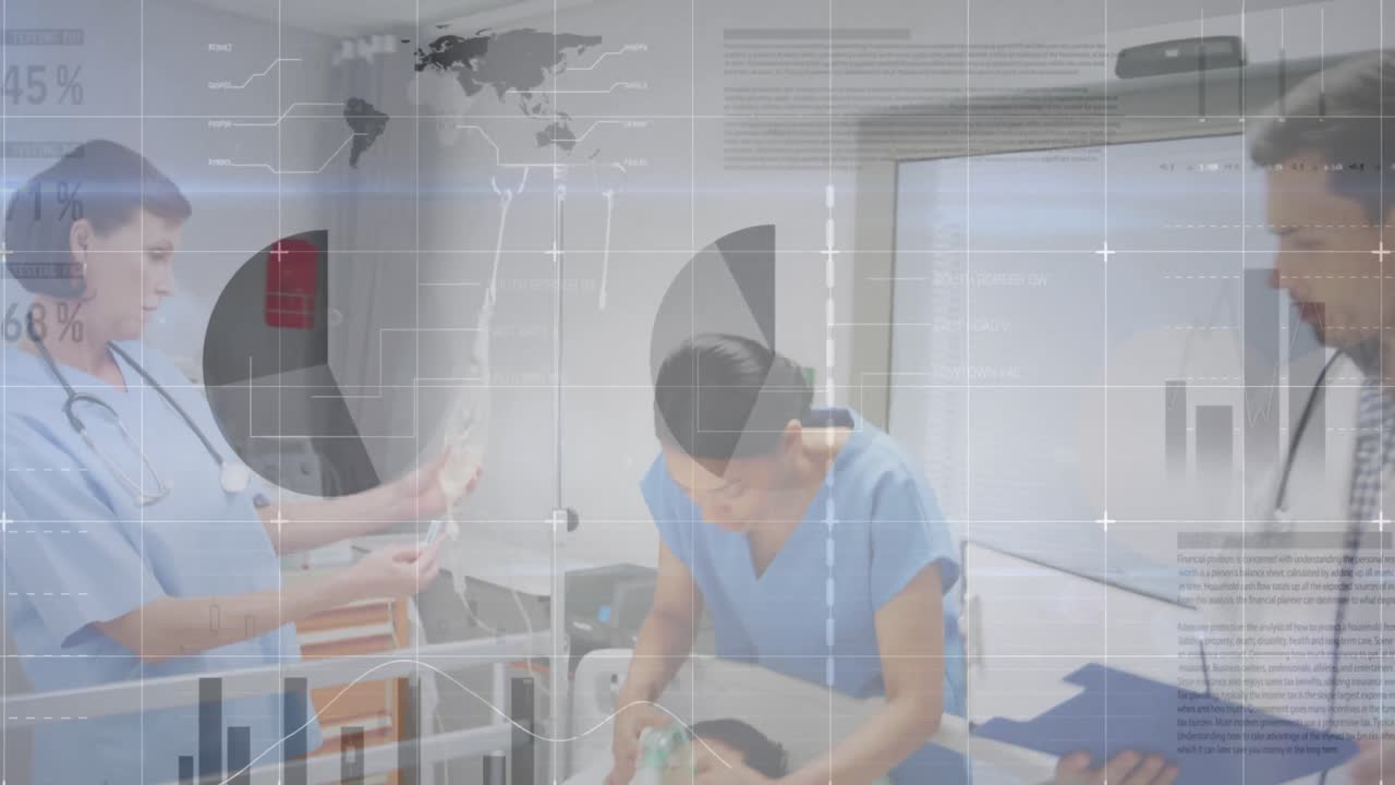 휴대폰 헤드 ⁇ 을 착용한 사업가들에 대한 통계 및 데이터 처리 애니메이션