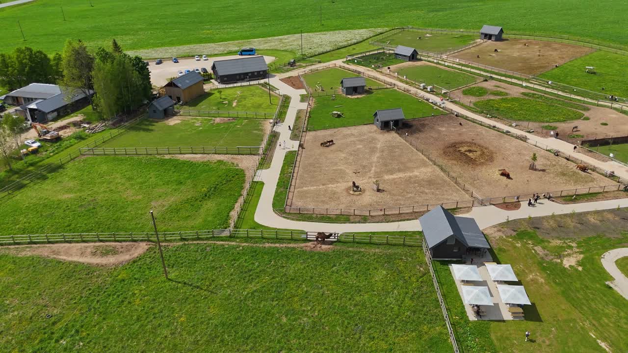 Drone captures Zoo from above, revealing organized paddocks with horses and goats, small barns, walkways, and surrounding green fields in the Latvian rural landscape