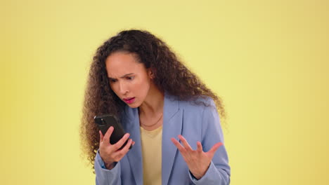 Phone,-angry-and-black-woman-in-studio