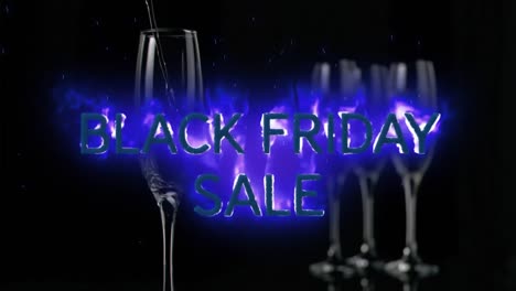 Animation-of-black-friday-sale-text-over-champagne-glasses-on-black-background