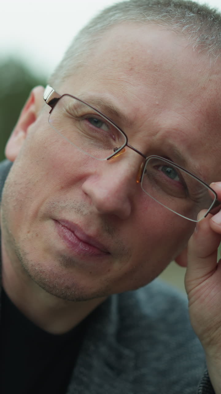 una vista de cerca de un hombre de mediana edad ajustando sus gafas mientras mira a la cámara, está al aire libre, con una chaqueta gris, y parece pensativo y enfocado