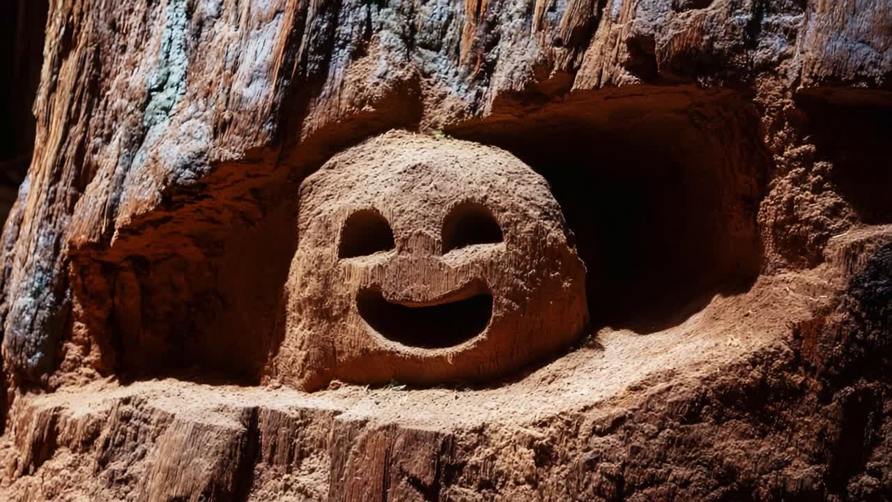 A Whimsical Wood Carving: Joyful Smiley Face Impressed into a Weathered Tree Trunk, Showcasing Nature's Creative Beauty and the Art of Woodworking in a Unique Natural Habitat