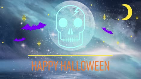 animación de saludos de halloween, cráneo y murciélagos en el cielo nocturno con luna llena