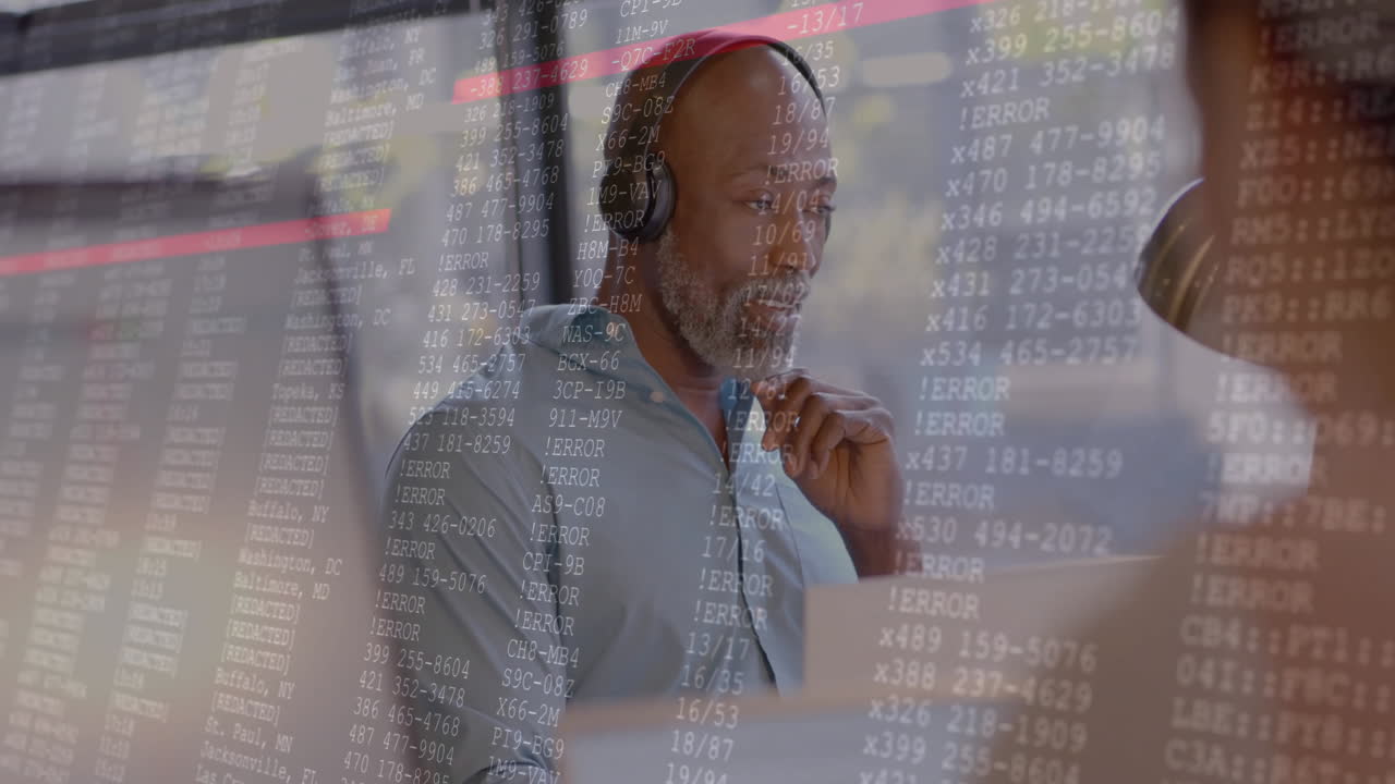 Animation of financial data processing over diverse business people in office
