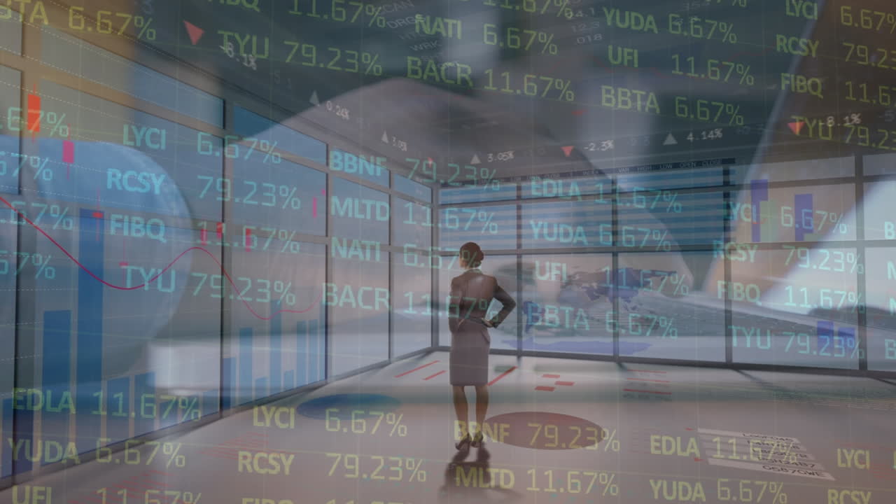 노트북을 사용하여 여성과 남자의 손에 대한 금융 데이터와 그래프의 애니메이션