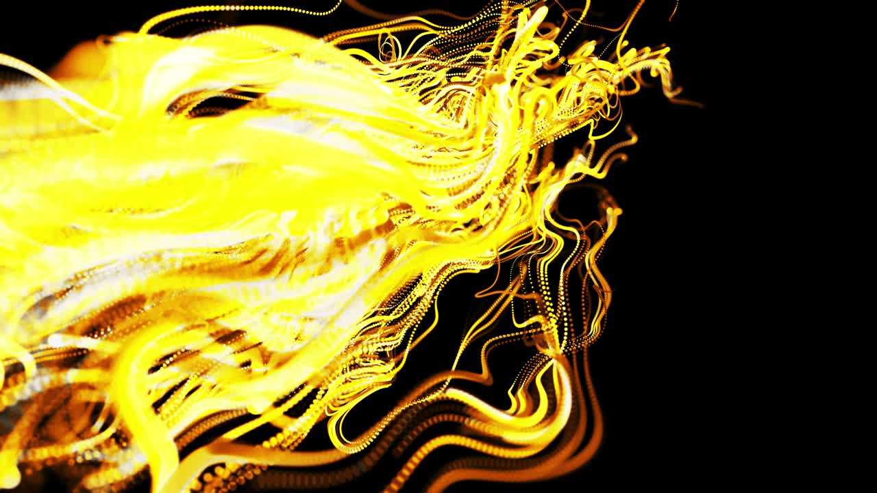 abstracto hermoso fondo de amarillo brillante flujo de líneas hechas de partículas. líneas crecen y forman abstractos hermosos rizos en el espacio. hermoso flujo de líneas de racimo en movimiento. hermosas rizos.