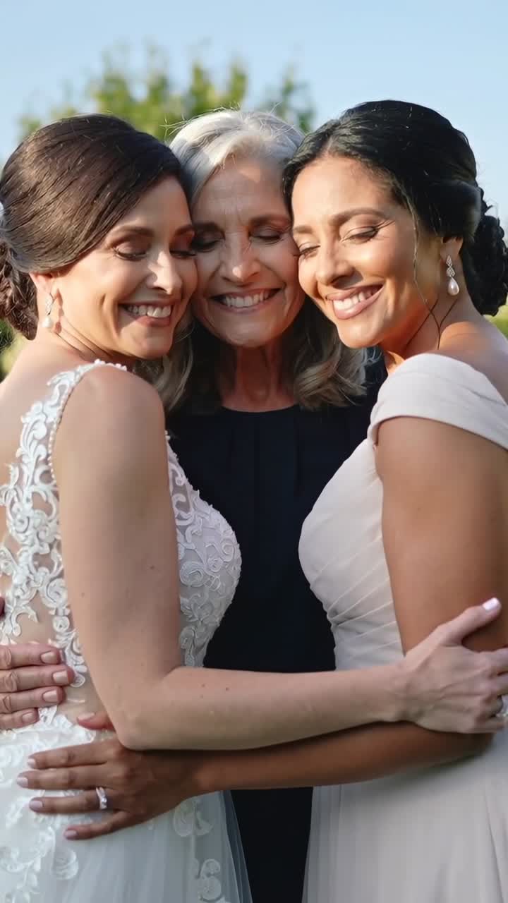 Video verticale: Trio sorridente in pizzo bianco, abito blu navy e vestito color cipria che si abbracciano in giardino, mostrando gli anelli