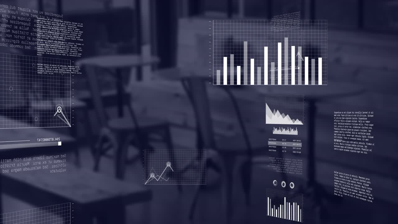 Animation af statistik og finansiel databehandling over en café.