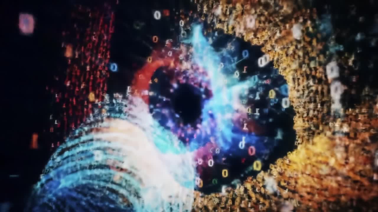 A Captivating Visual Journey Through an Abstract Eye, Merging Technology and Creativity with Vibrant Colors and Digital Elements in a Stunning Display of Imagination