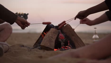 Group-Of-Young-Friends-Sitting-By-The-Fire-On-The-Beach,-Grilling-Sausages-And-Playing-Guitar