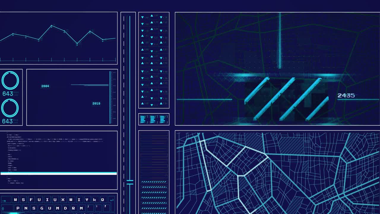Animation of graph, loading circles and bars, computer language and navigation pattern
