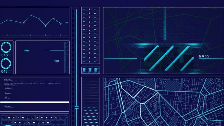 Animation of graph, loading circles and bars, computer language and navigation pattern