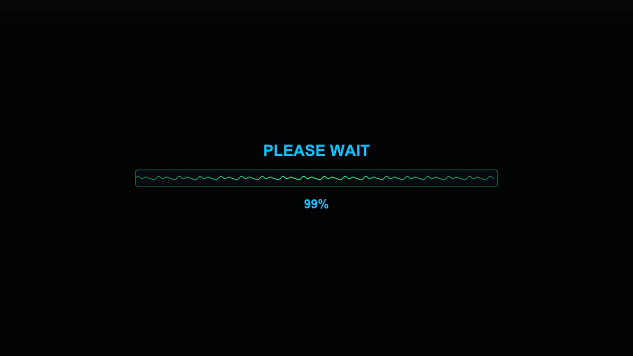 A progress bar animation is displayed with the text please wait and a loading percentage at 100. This screen is used during video playback for a streamer or video creator