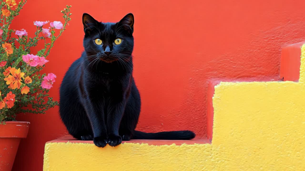 A black cat is sitting on a yellow step. The cat is looking at the camera. The image has a warm and inviting mood