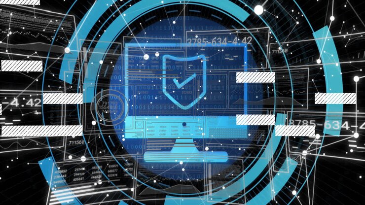 Digital security interface with shield icon over computer and binary code animation