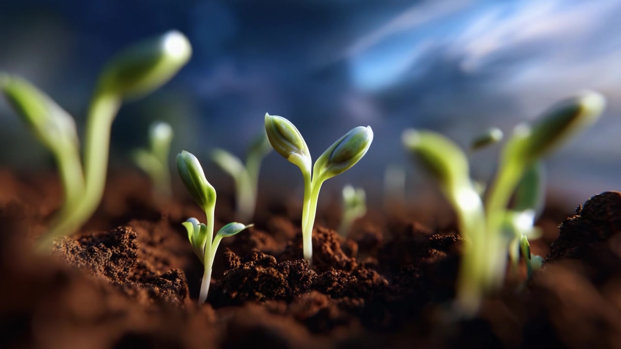 Un primo piano di nuove piantine che emergono da terreno scuro e fertile sotto un cielo drammatico, mostrando la crescita della natura e il ciclo della vita in azione.