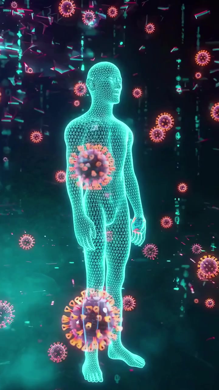 Wireframe di corpo umano e virus in un ambiente digitale