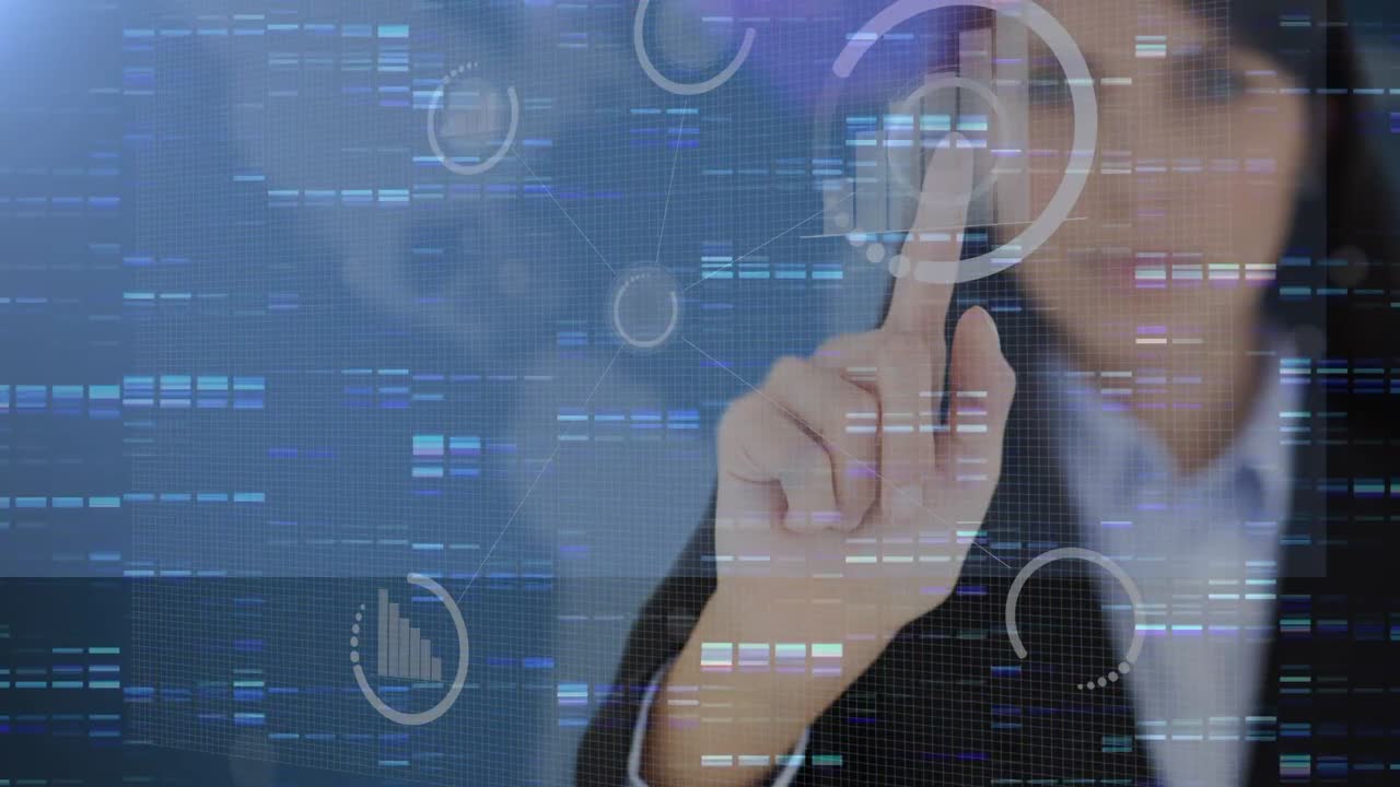 animación de una mujer de negocios caucásica tocando una pantalla interactiva con iconos digitales