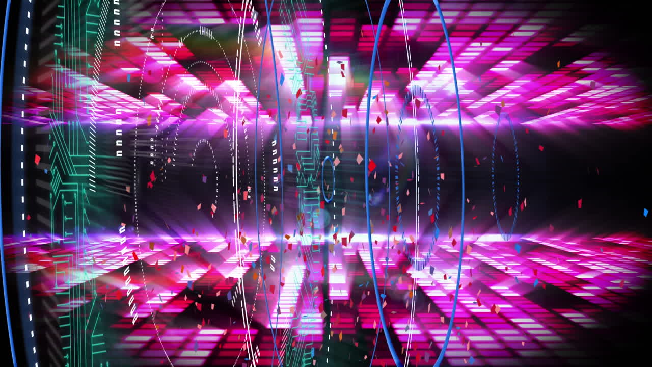 animación digital de confeti cayendo sobre escáneres redondos y ecualizador de música sobre fondo negro