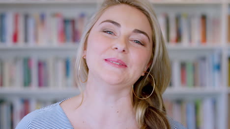 Library,-student-and-face-of-woman-by-bookshelf