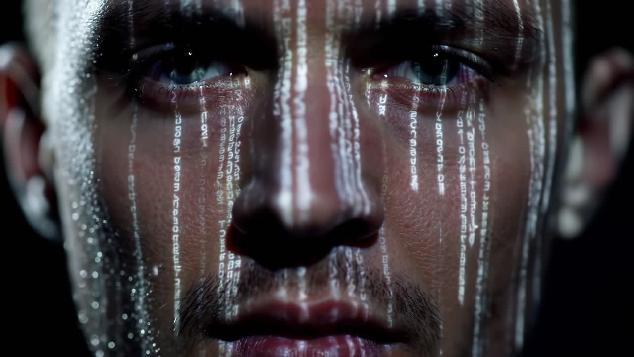 A Close-Up of a Man's Face with Streaming Digital Code, Creating a Mysterious Atmosphere of Technology and Emotion