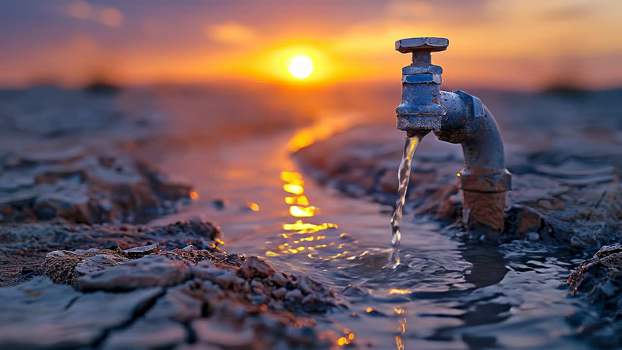 Wasser fließt bei Sonnenuntergang. Wasser strömt aus einem Metallhahn, während die Sonne über dem trockenen Land untergeht und Reflexionen auf der Oberfläche erzeugt