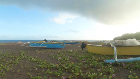 small-fishing-boats-on-a-tropical-beach-with-wildflowers-and-blue-cloudy-sky-4k