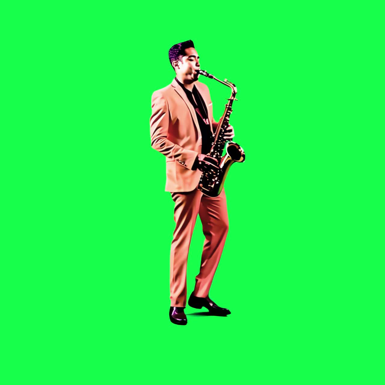 Musicista che suona il sassofono con animazione appassionata, video 4K trasparente, green screen