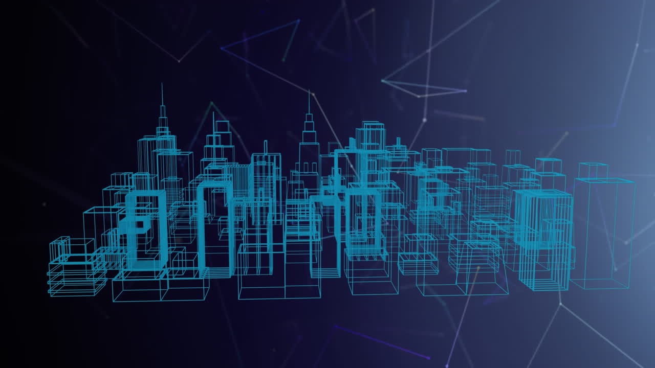 animación de la red de conexiones sobre el paisaje urbano en 3d