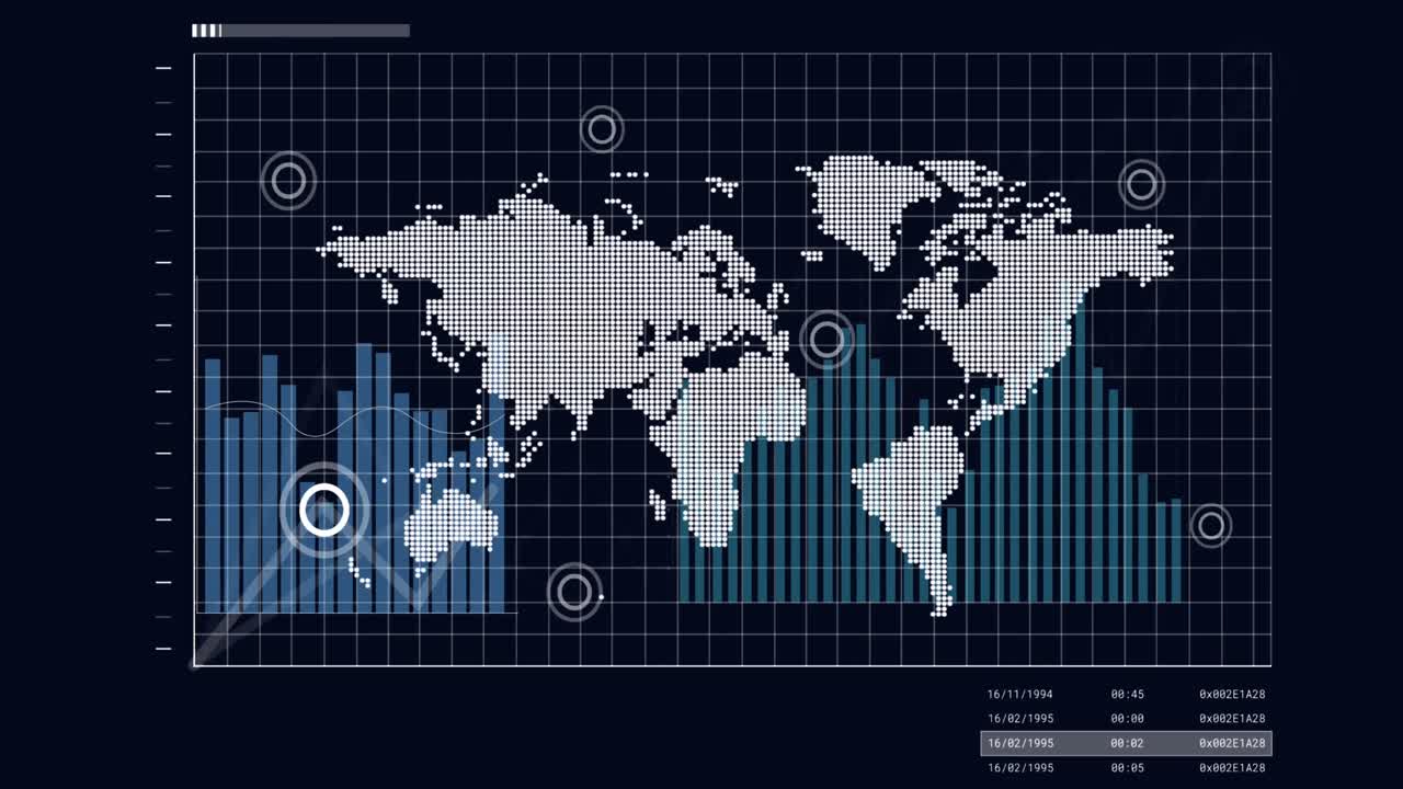 Animation of diverse graphs and world map on black background