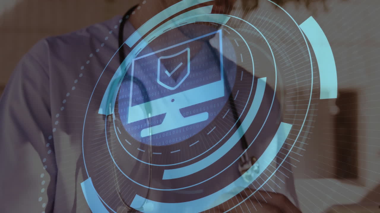 male doctor interacting with holographic binary code interface in clinic, showing security shield