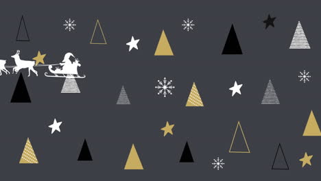 animación de árboles de navidad y santa en trineo con renos en fondo negro