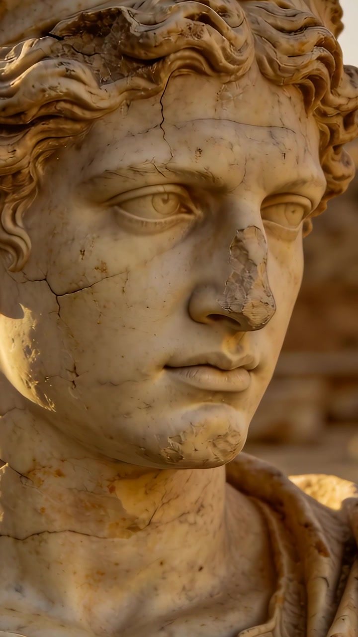 Video verticale: Telecamera che effettua una panoramica e si avvicina alle rovine, rivelando un busto di marmo per mostrare le crepe.