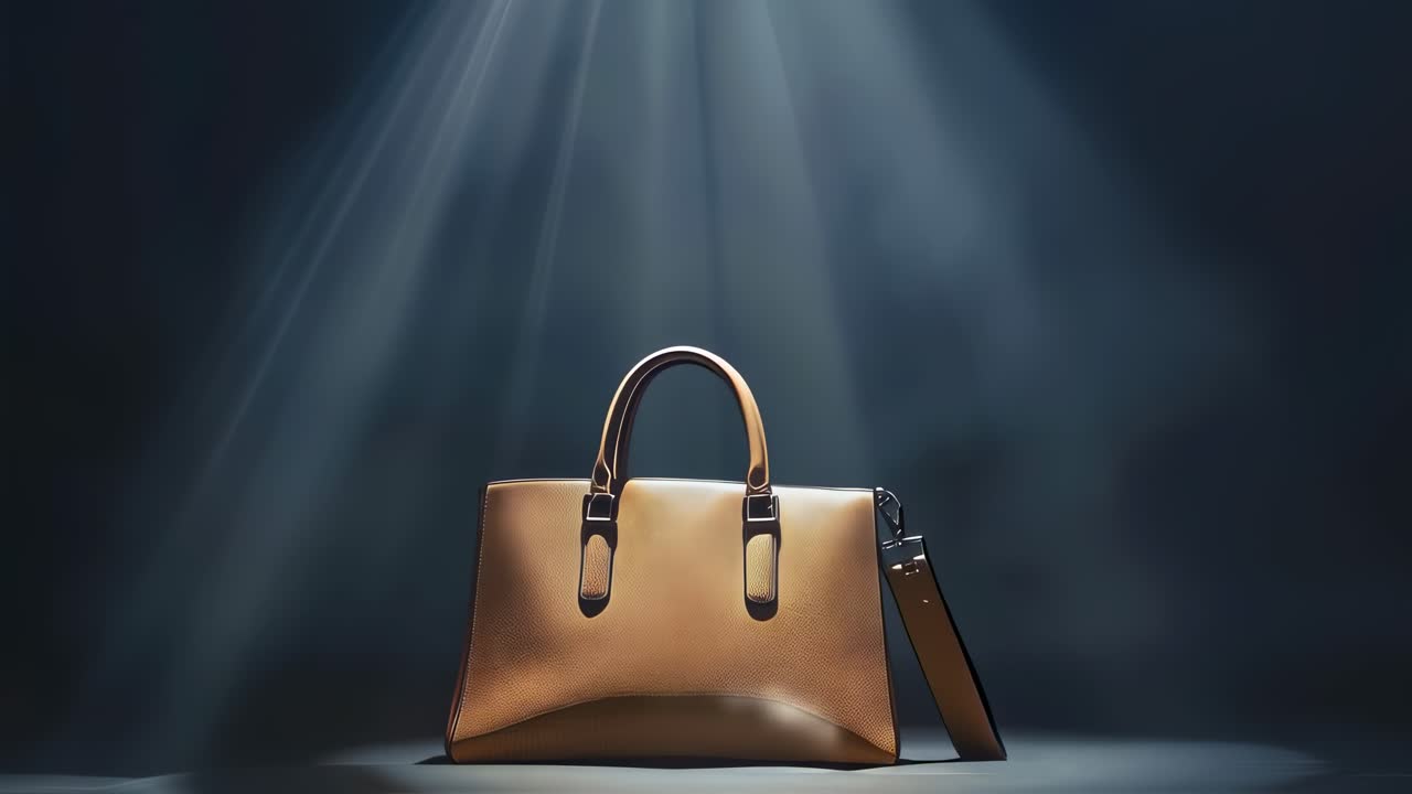 Light beams illuminate a stylish handbag, creating a luxurious and sophisticated atmosphere, perfect for showcasing its design and craftsmanship