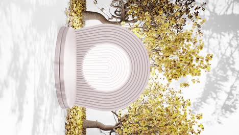autumnal serenity: sculptural trees amidst circular white benches white background podium mockup product