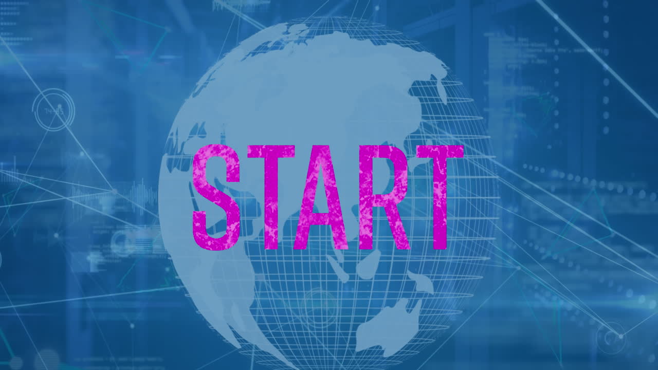 animación del banner de texto de inicio sobre el globo giratorio, red de conexiones y procesamiento de datos