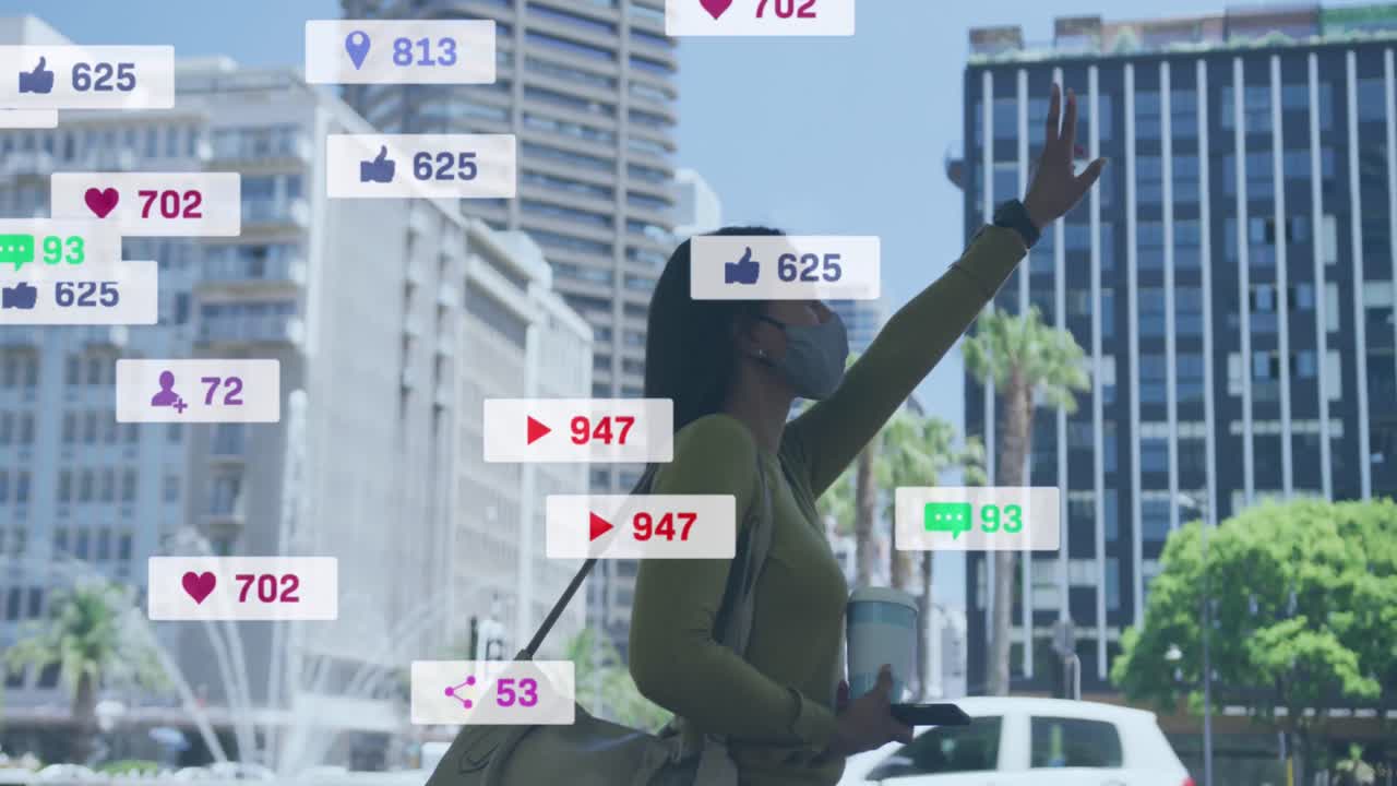 길거리에서 택시를 호출하는 얼굴 마스크를 착용한 두 인종 여성에 대한 소셜 미디어 아이콘의 애니메이션