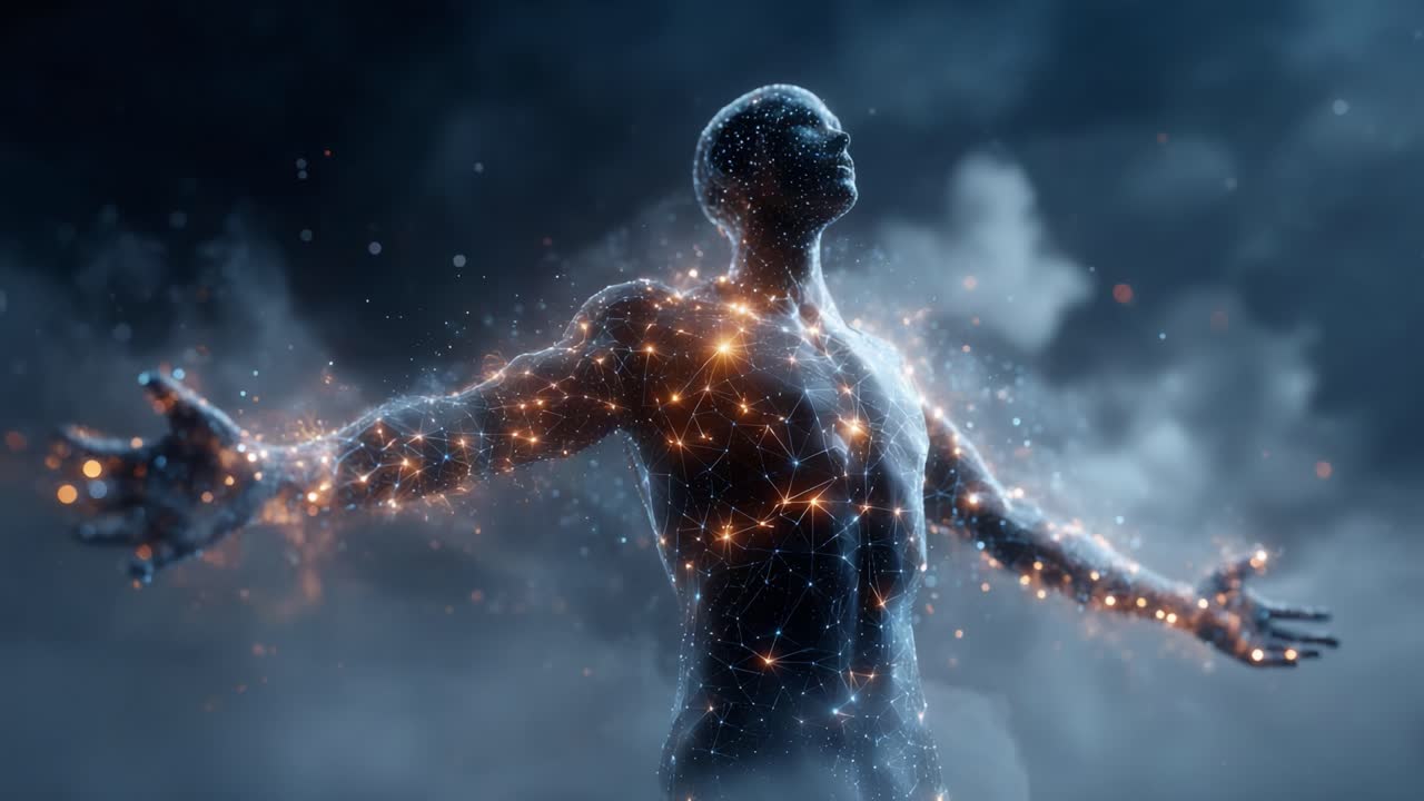 A stunning visualization of a digital human figure illuminated by countless sparks, symbolizing the intersection of technology and humanity in a cosmic environment
