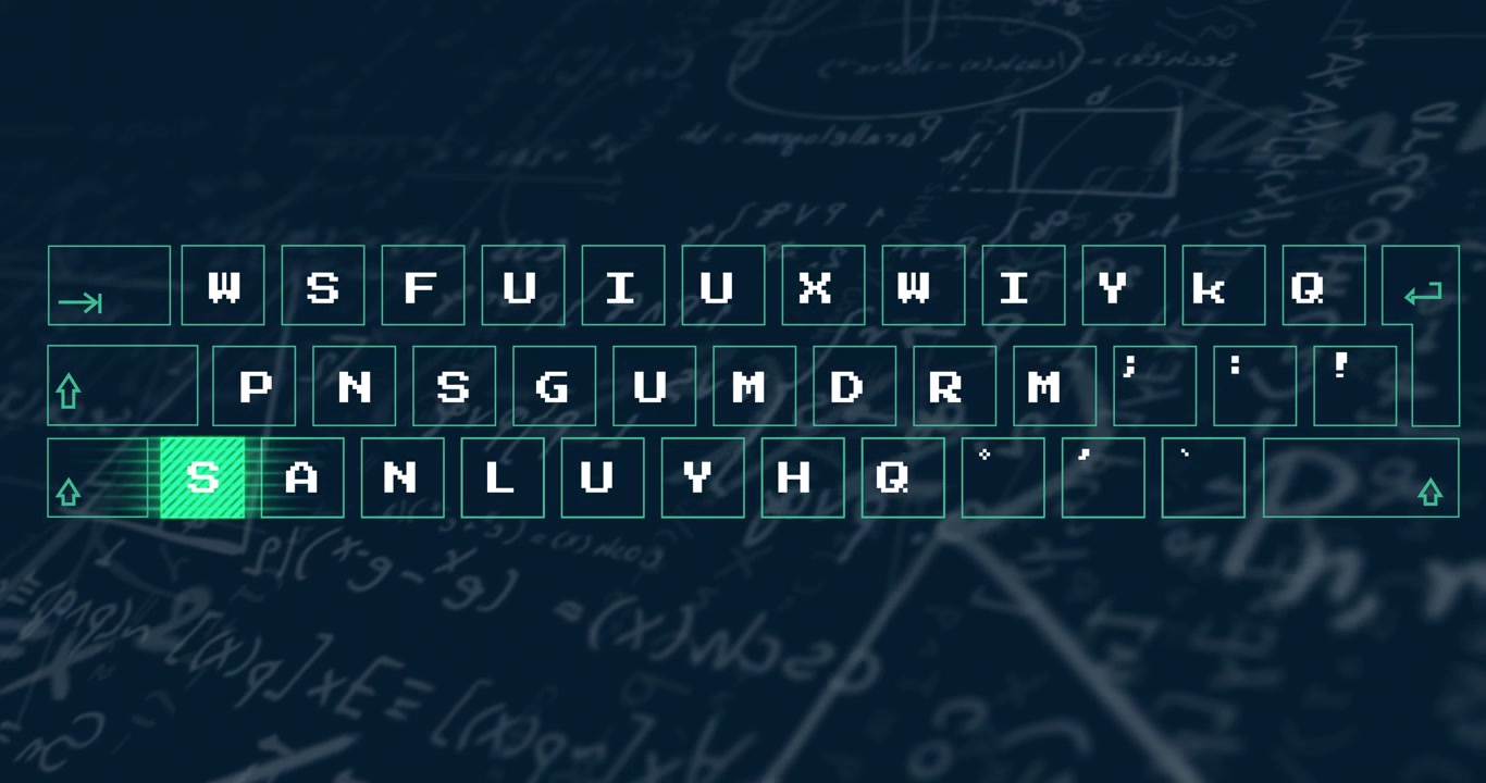 Animation of digital keyboard over mathematical equations on black background