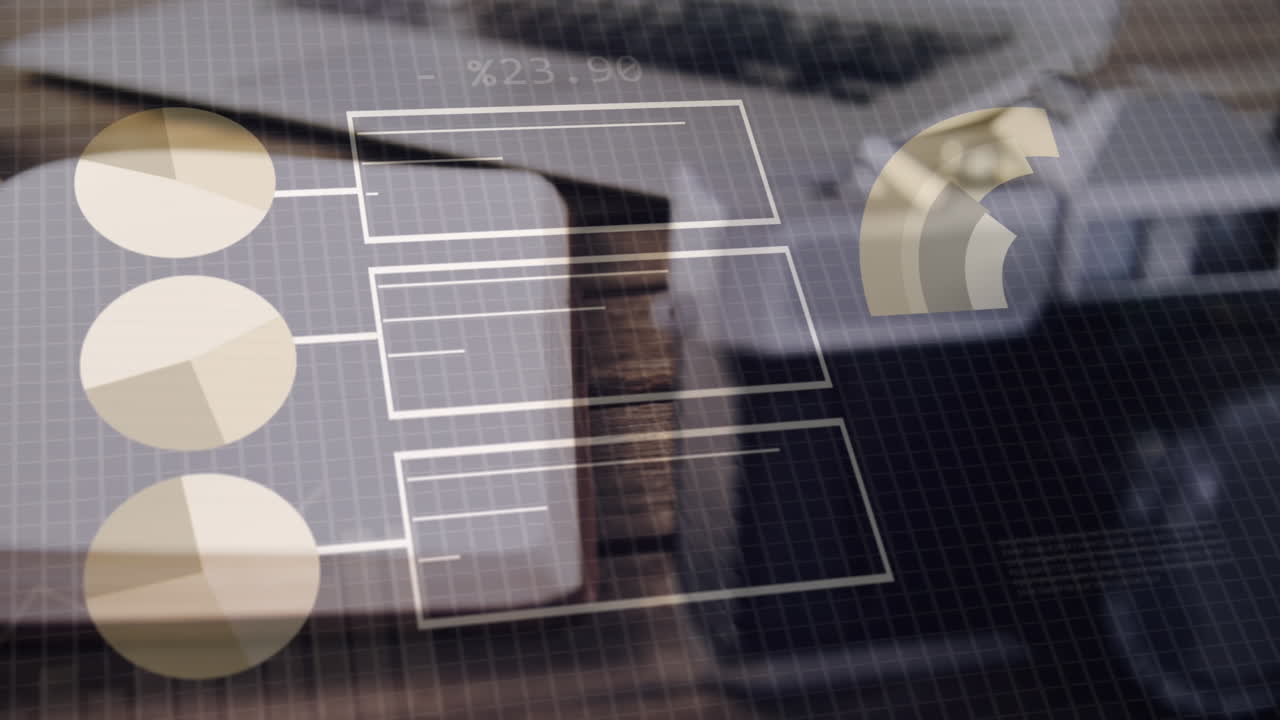 Animation of financial data processing over office desk with electronic devices