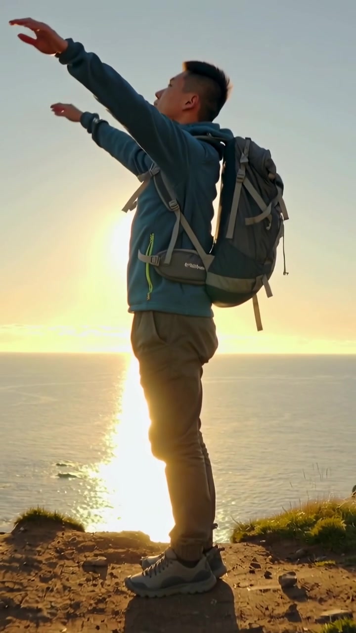 Video verticale: Escursionista in arrivo con lo zaino in piedi su una scogliera vicino all'oceano al tramonto, che alza le braccia verso il sole