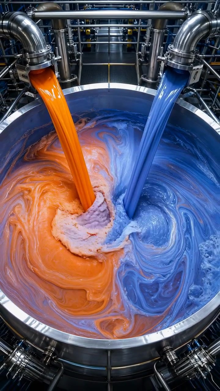 Dos tuberías de descarga de acero inoxidable vierten líquido viscoso espeso naranja y azul en una gran cuba de mezcla circular dentro de un entorno de fábrica limpio, creando patrones marmoleados arremolinados, reflejos brillantes y