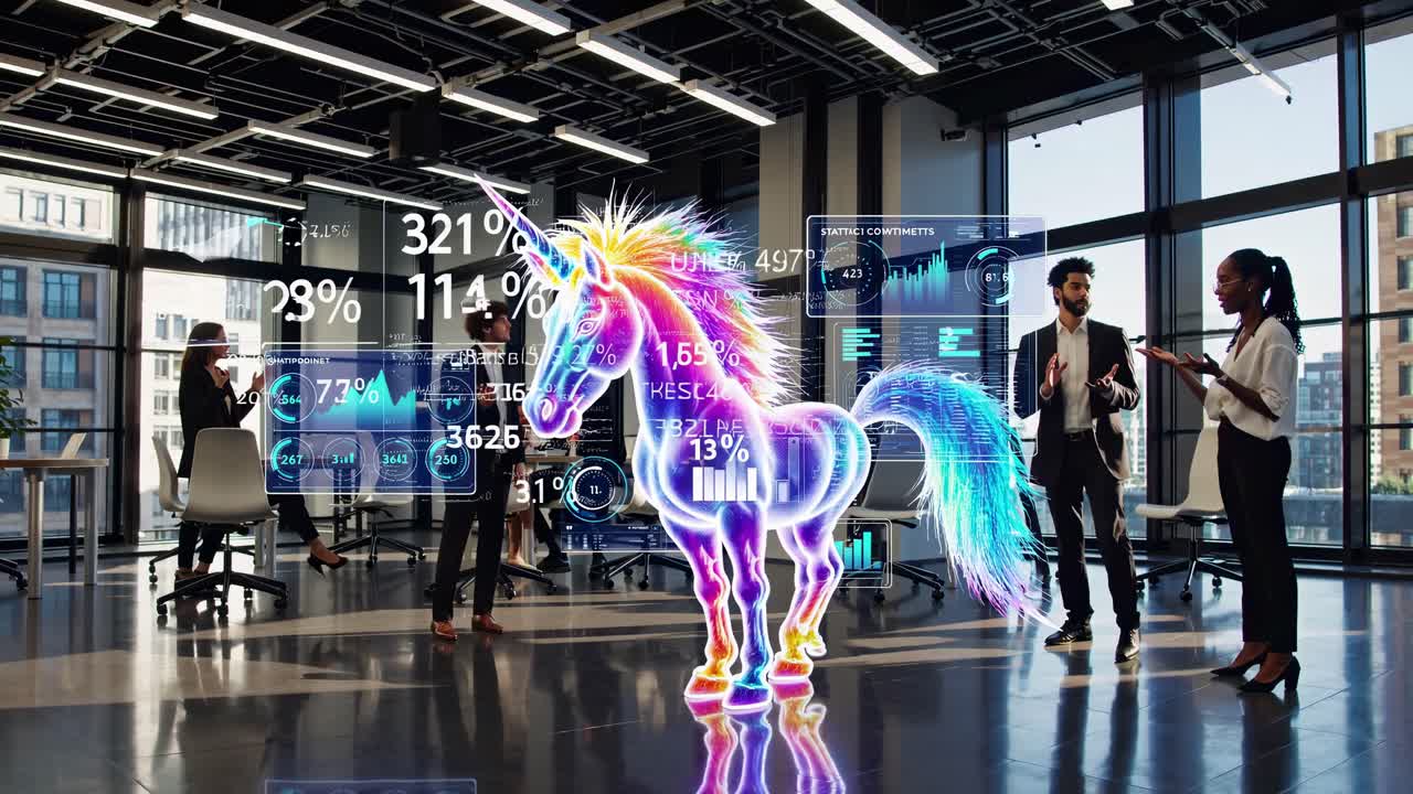 Futuristic office scene with professionals interacting with a holographic unicorn